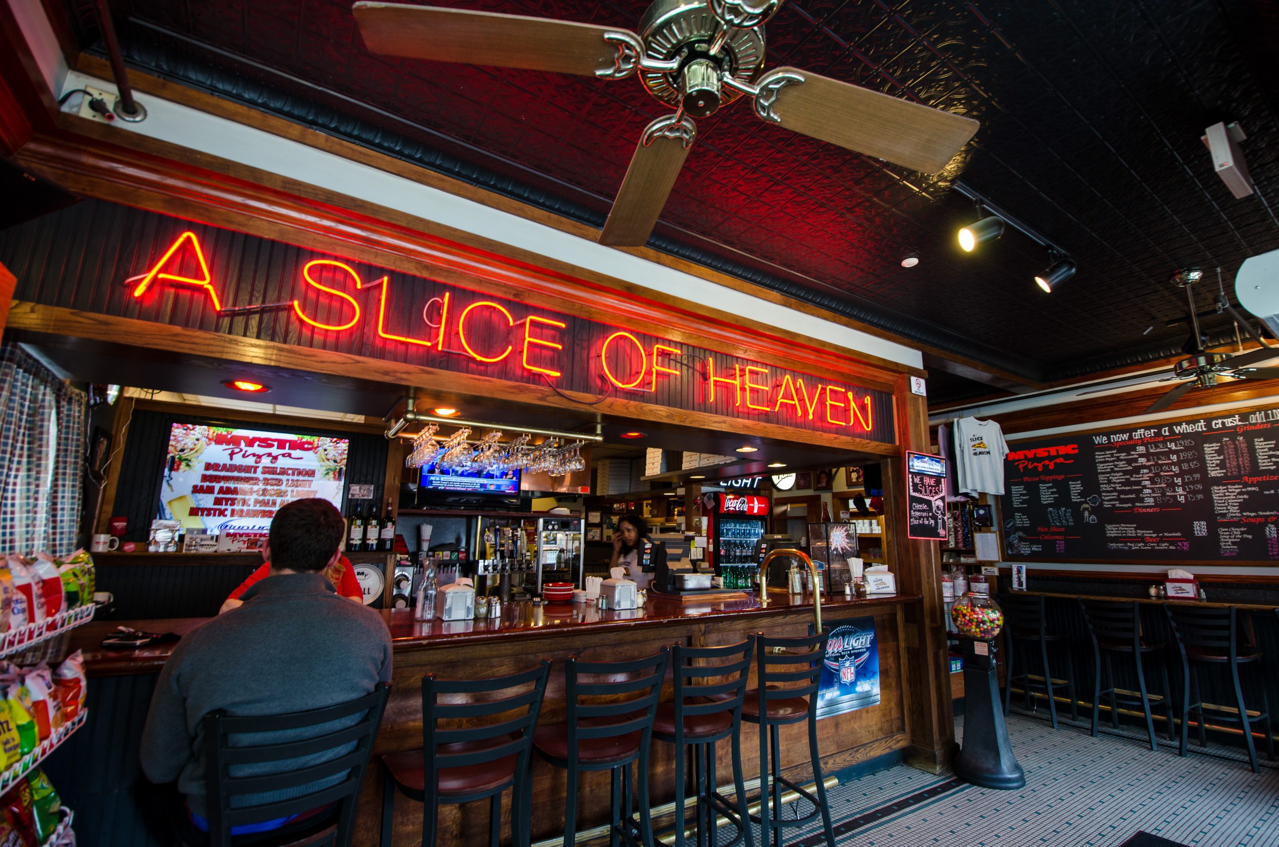 APRIL 16 2017 - MYSTIC, CT: Inside Mystic Pizza restaurant in Mystic, Connecticut. This restaurant is popular with tourists.