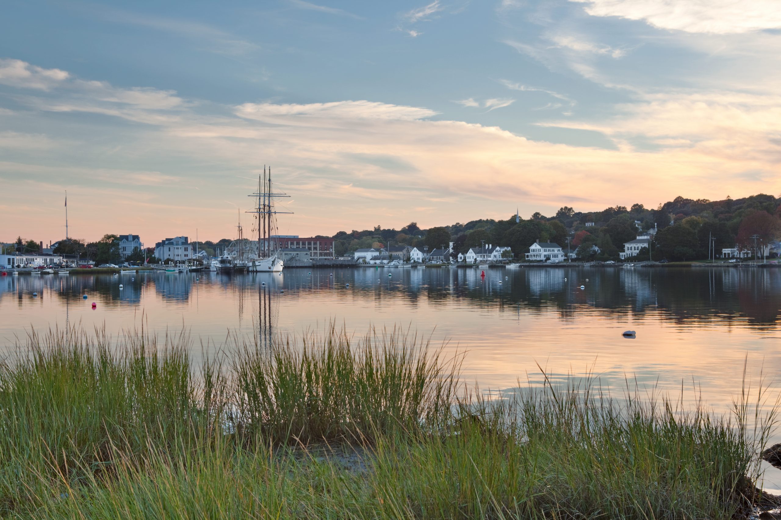 Historic Mystic Seaport in Connecticut, just seconds after sunset